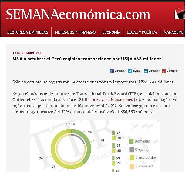M&A a octubre: el Per registr transacciones por US$6,663 millones